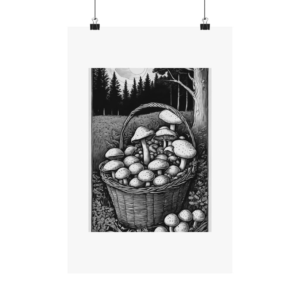 Mushroom Basket Matte Poster — Black & White Forest Illustration