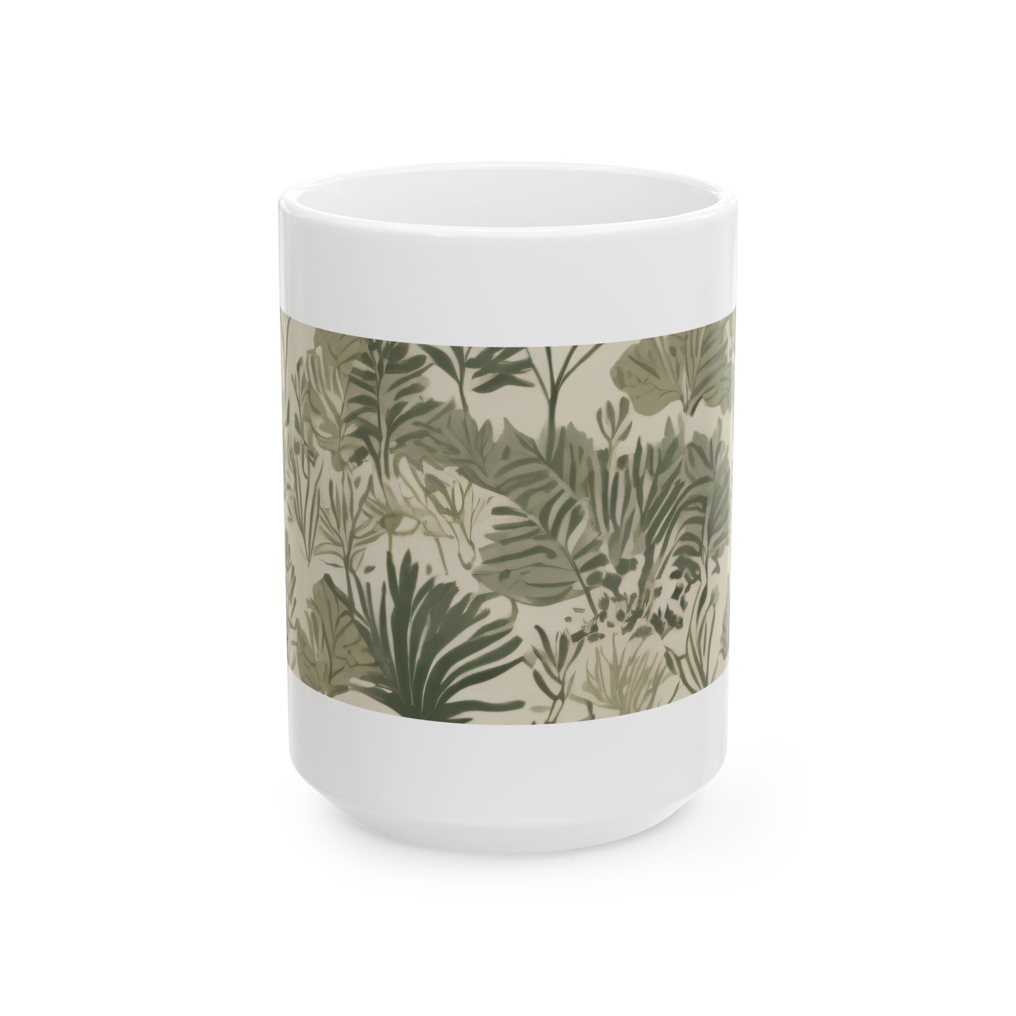 Botanical Leaves Ceramic Mug — Green Tropical Pattern Coffee Cup (11oz, 15oz)