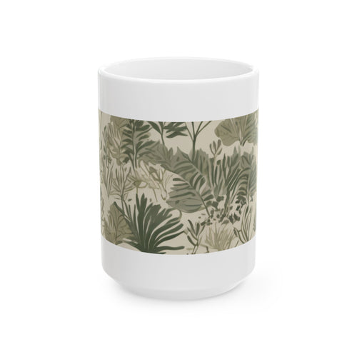 Botanical Leaves Ceramic Mug — Green Tropical Pattern Coffee Cup (11oz, 15oz)