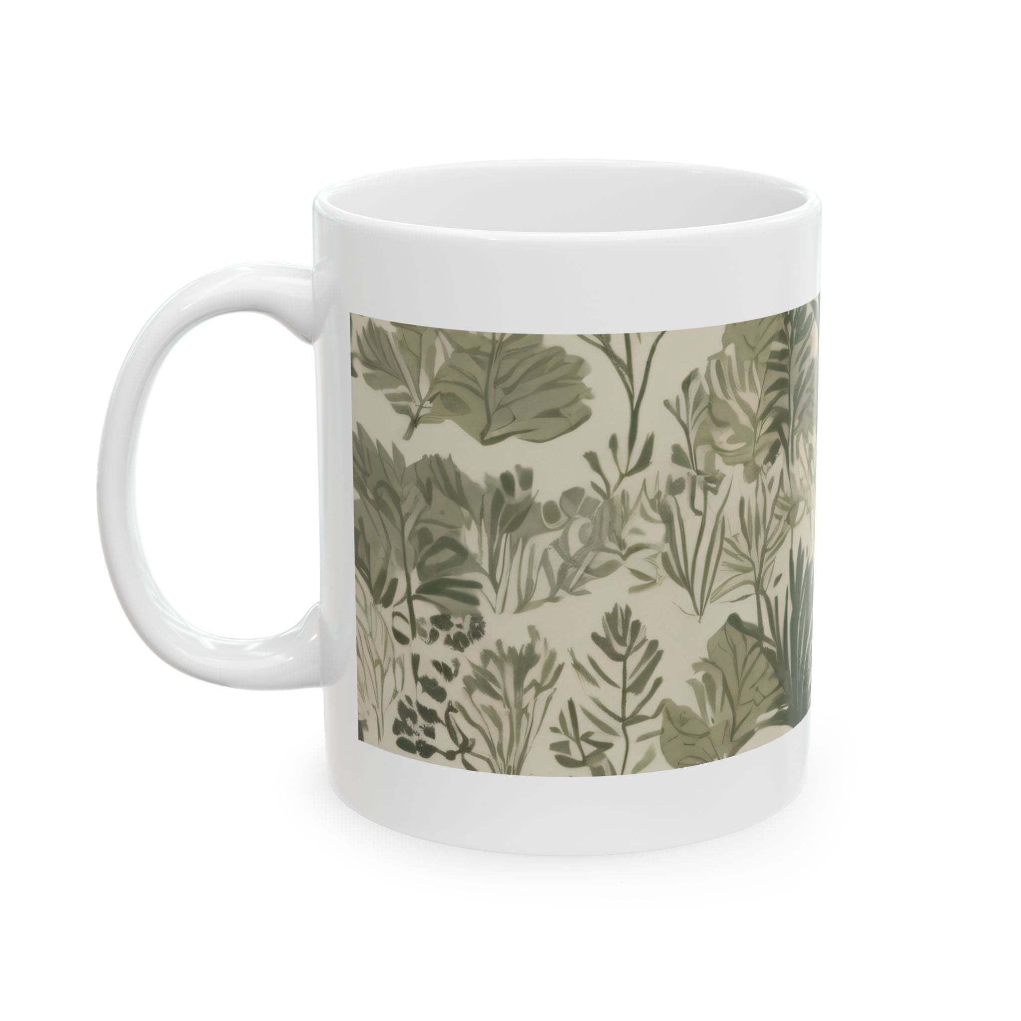 Botanical Leaves Ceramic Mug — Green Tropical Pattern Coffee Cup (11oz, 15oz)