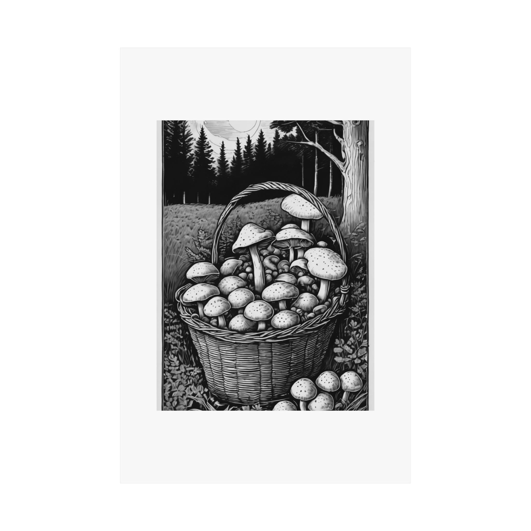 Mushroom Basket Matte Poster — Black & White Forest Illustration