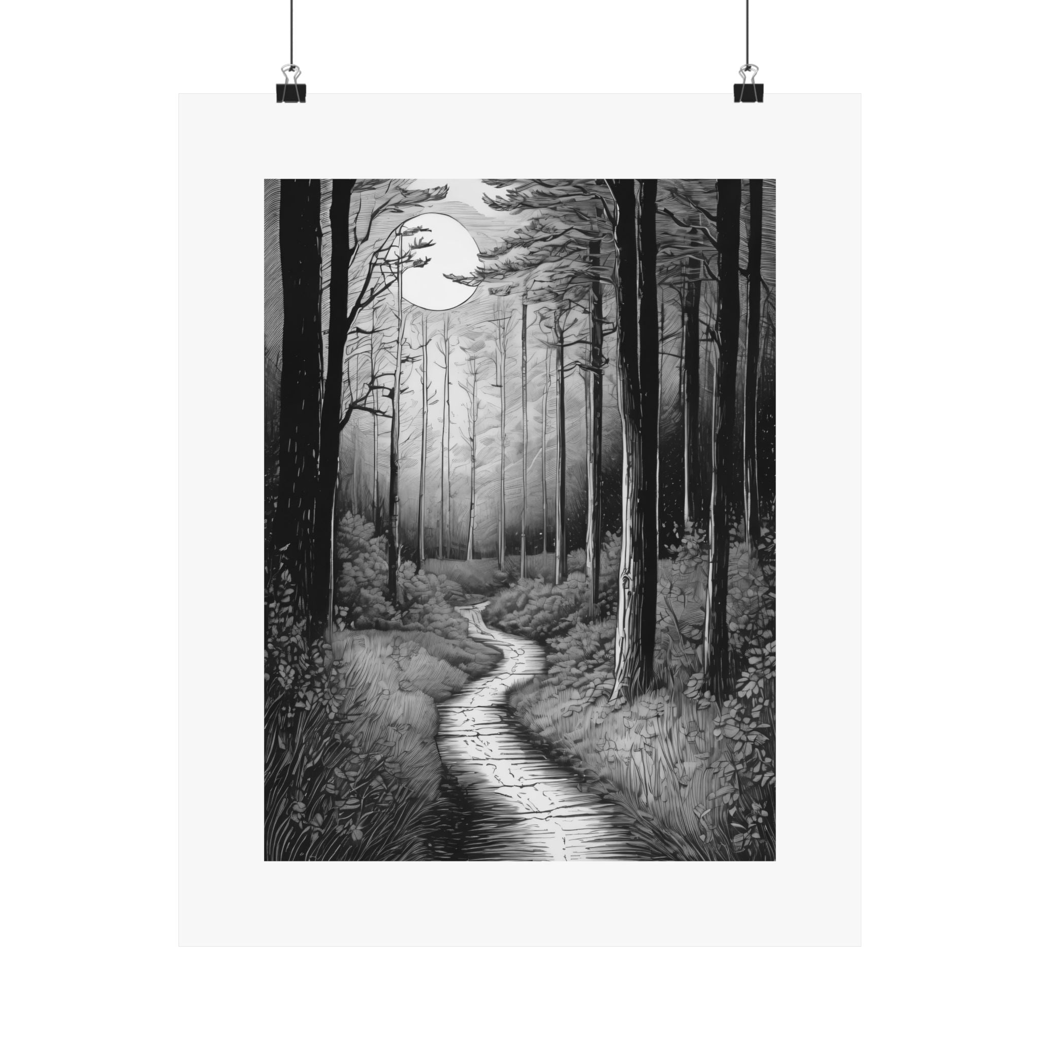 Monochrome Moonlit Forest Poster — Matte Vertical Wall Art