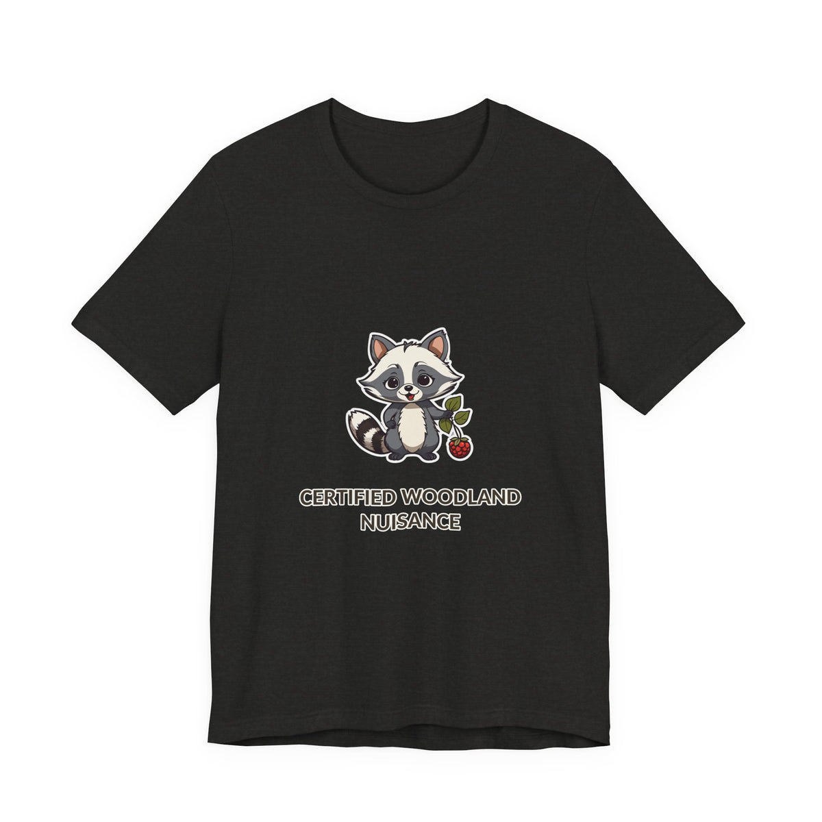 Certified Woodland Nuisance Tee in Black Heather, original woodland design by Bramblewick