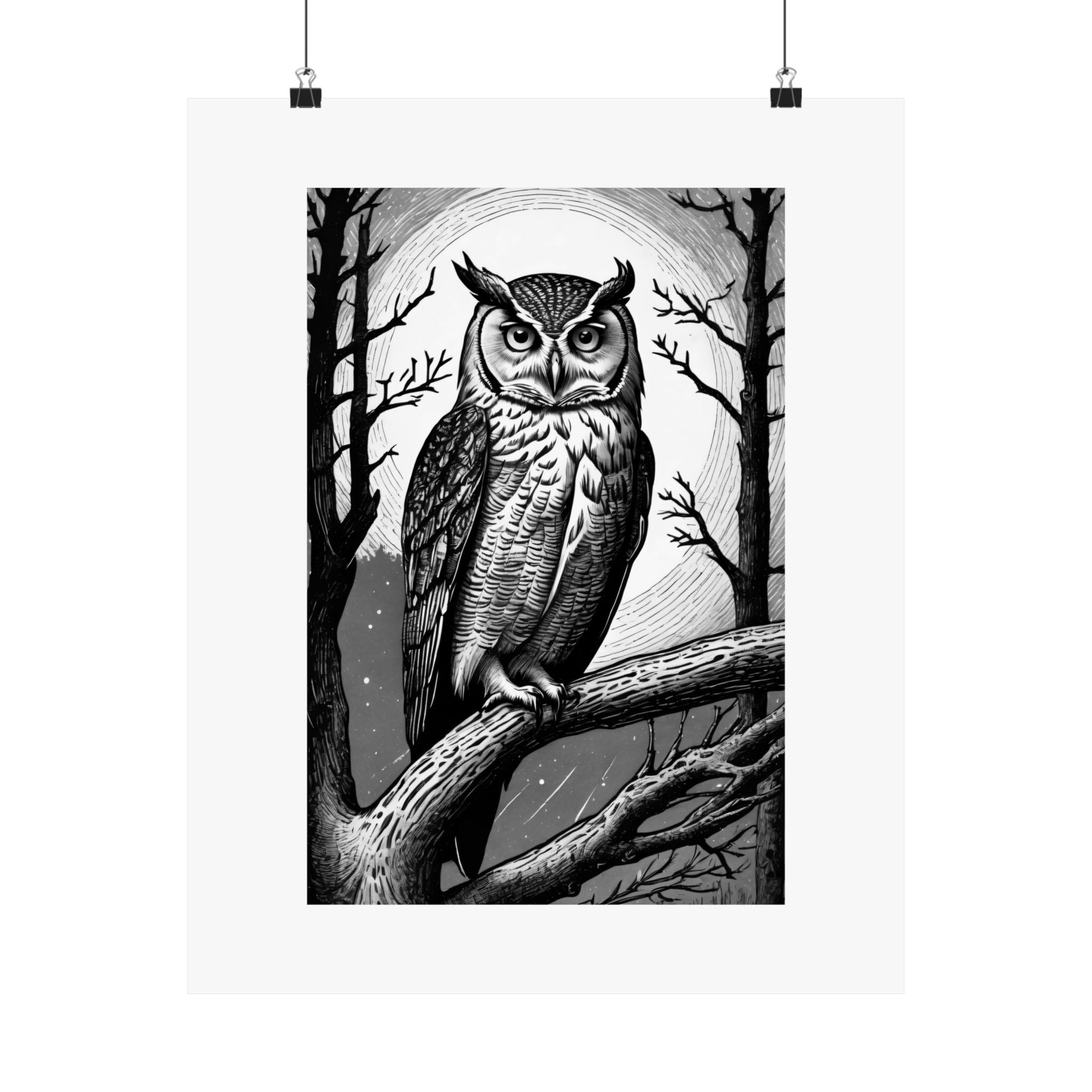 Owl Moon Matte Poster — Black & White Wildlife Wall Art