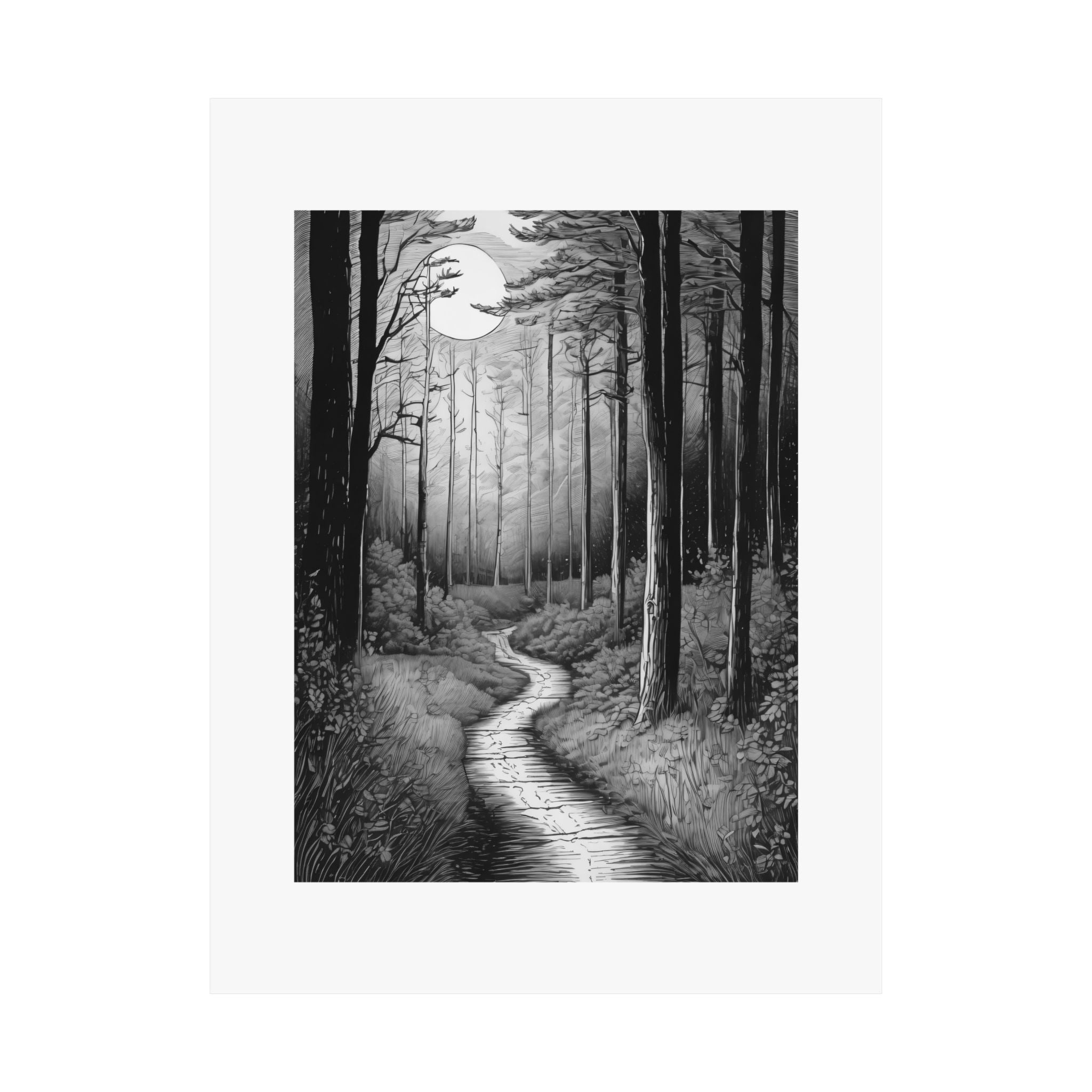 Monochrome Moonlit Forest Poster — Matte Vertical Wall Art