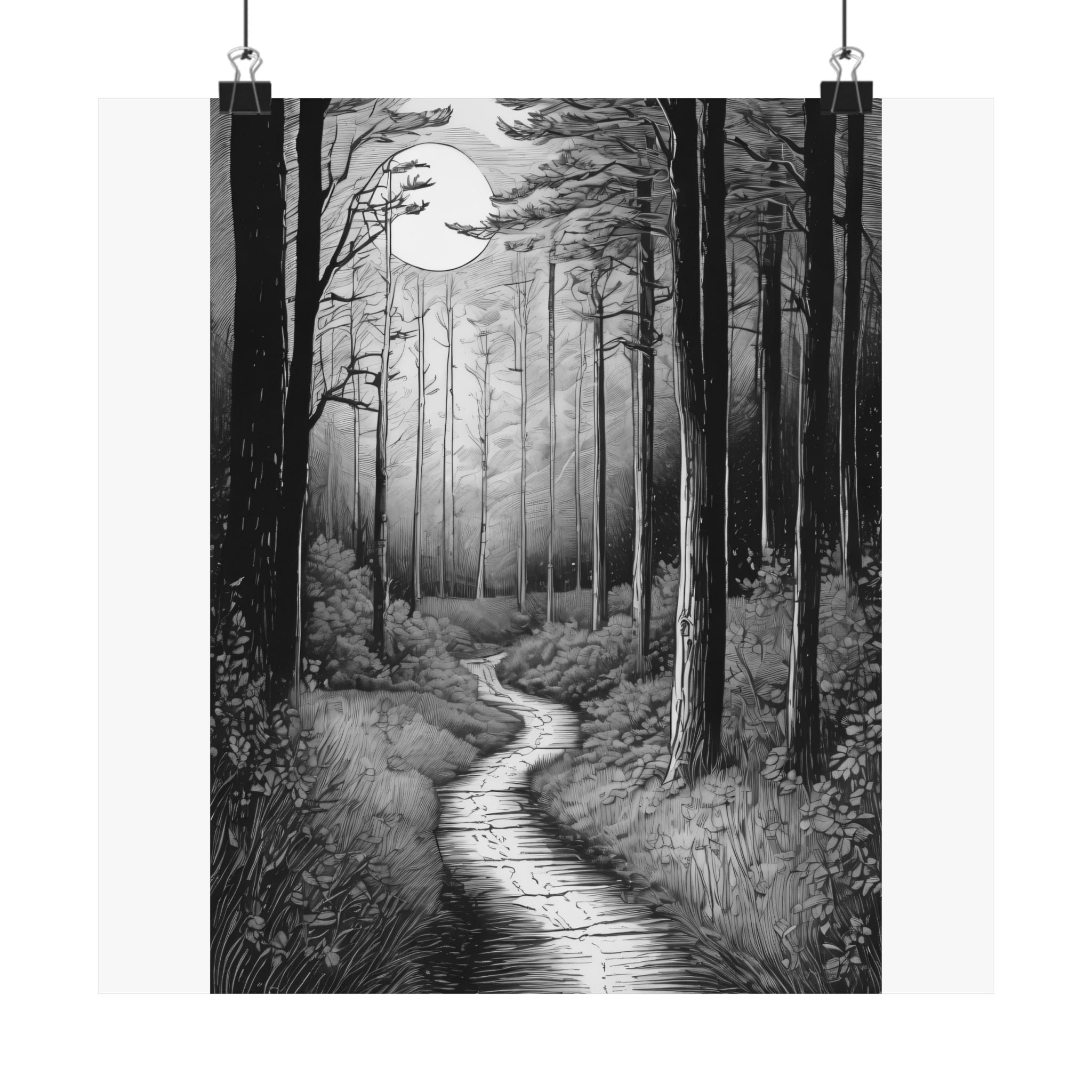 Monochrome Moonlit Forest Poster — Matte Vertical Wall Art