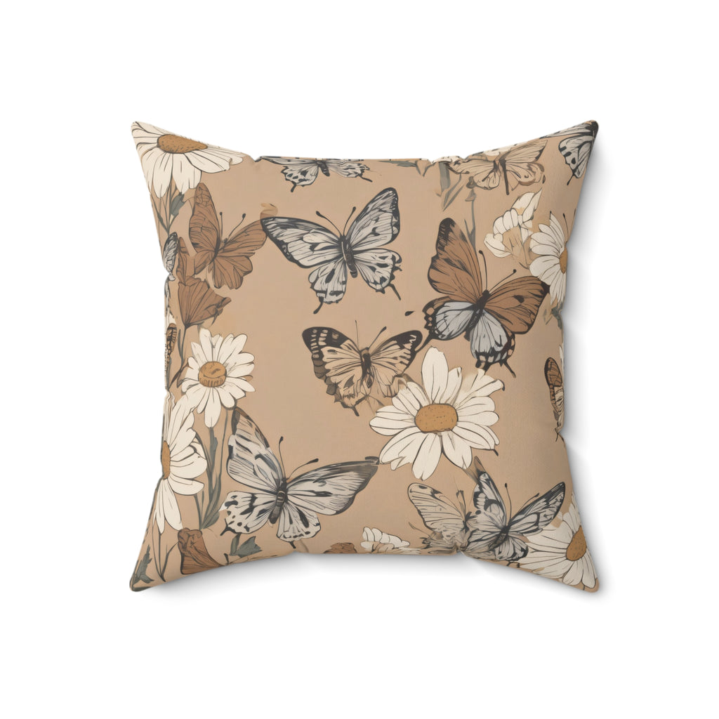 Daisy & Butterfly Decorative Pillow — Neutral Boho Floral Throw Cushion
