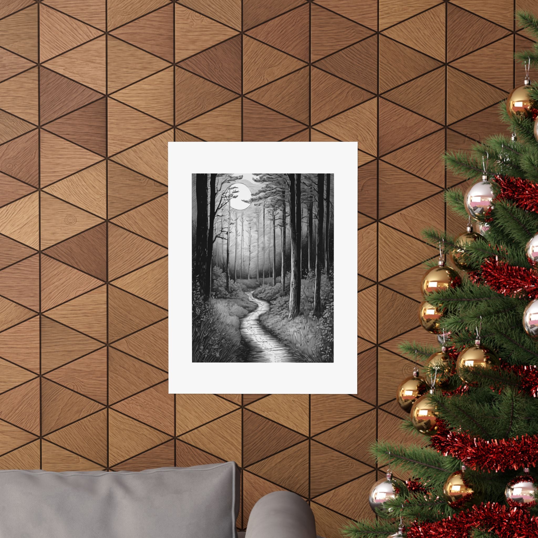 Monochrome Moonlit Forest Poster — Matte Vertical Wall Art