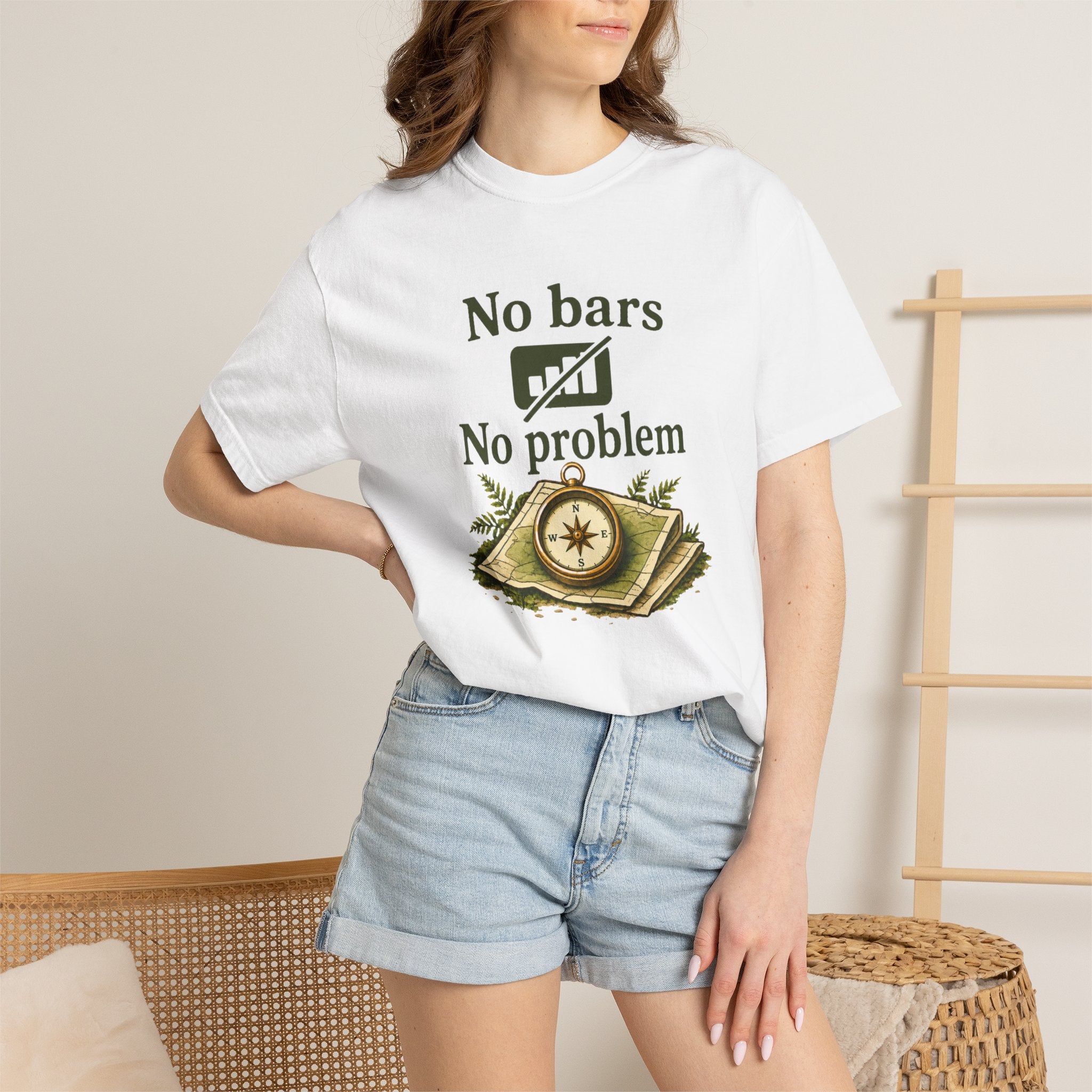 T-Shirt — "No bars No problem" Compass & Map Adventure Tee