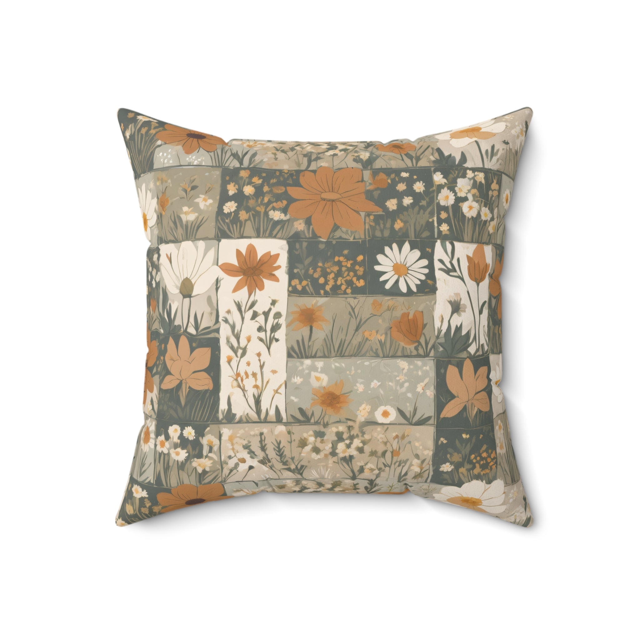 Floral Patchwork Throw Pillow — Vintage Daisy & Wildflower Decorative Cushion