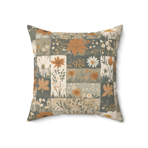 Floral Patchwork Throw Pillow — Vintage Daisy & Wildflower Decorative Cushion