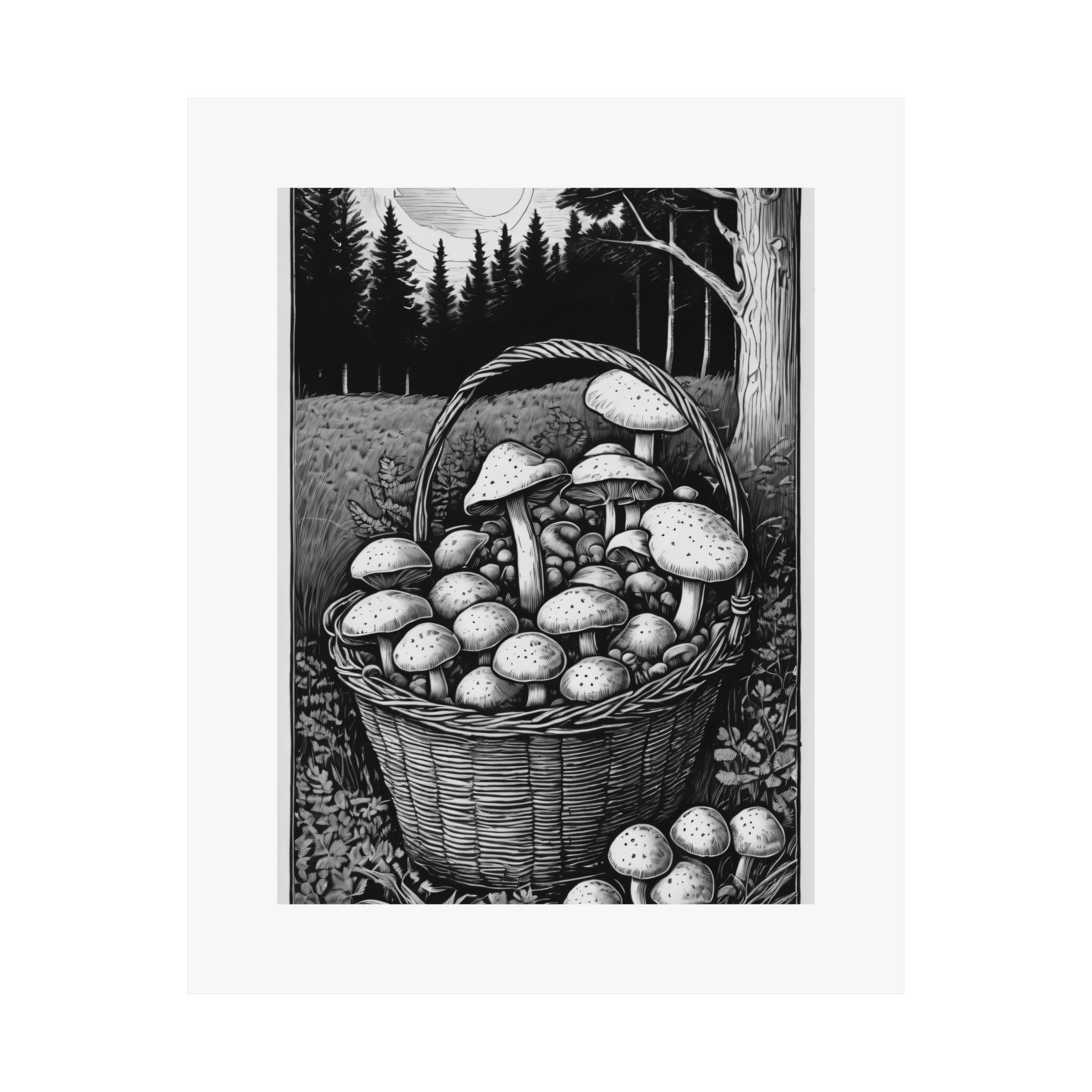 Mushroom Basket Matte Poster — Black & White Forest Illustration