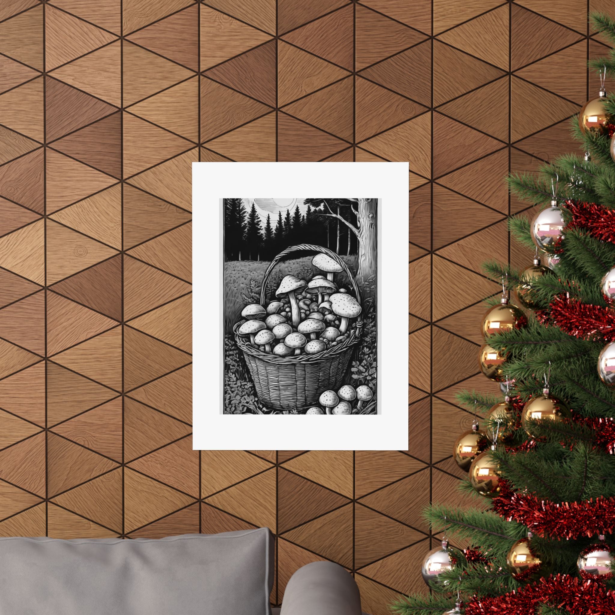 Mushroom Basket Matte Poster — Black & White Forest Illustration