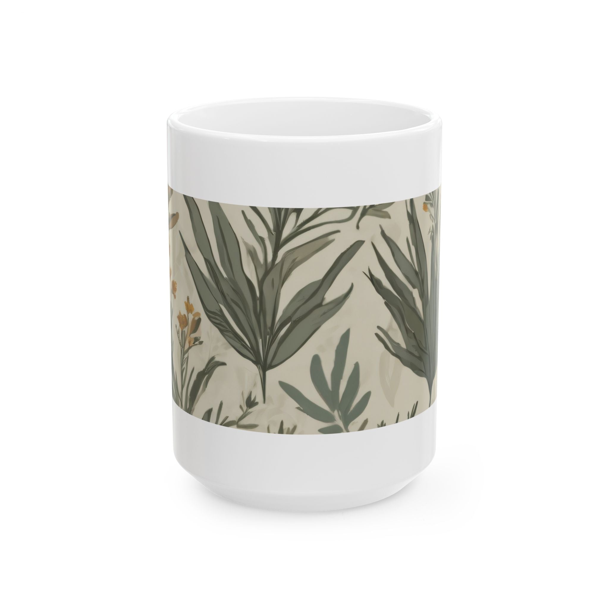 Botanical Leaves Ceramic Mug – Neutral Green Floral Coffee Cup (11oz, 15oz)