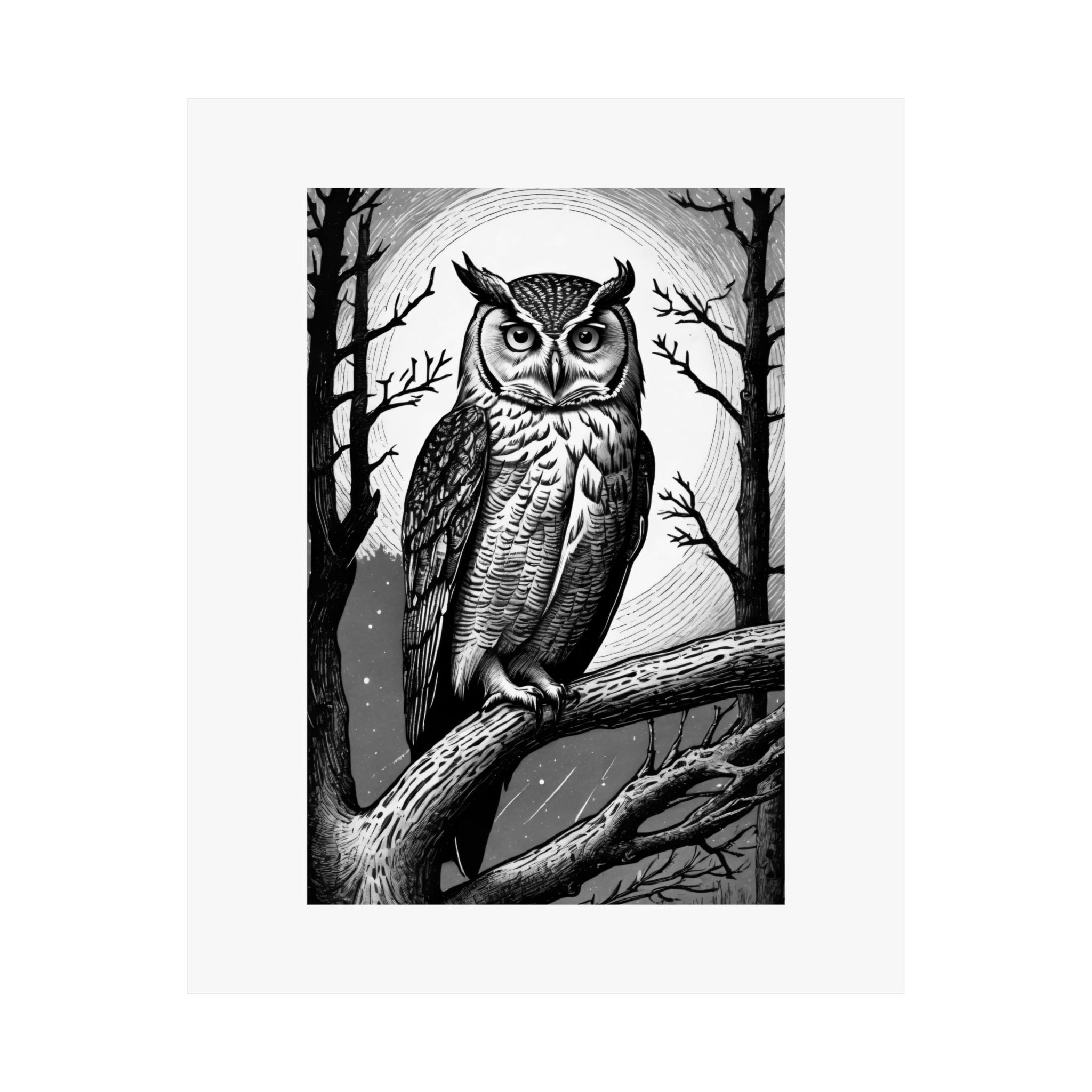 Owl Moon Matte Poster — Black & White Wildlife Wall Art