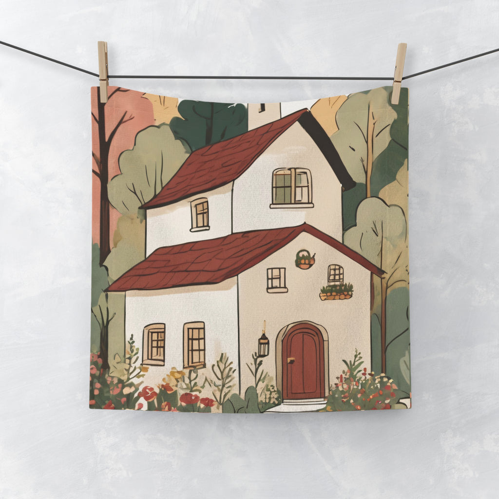 Cozy Cottage Face Towel — Autumn Floral House Illustration