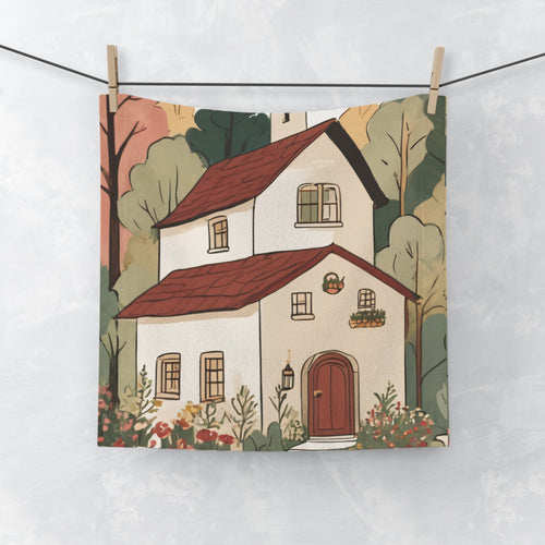 Cozy Cottage Face Towel — Autumn Floral House Illustration
