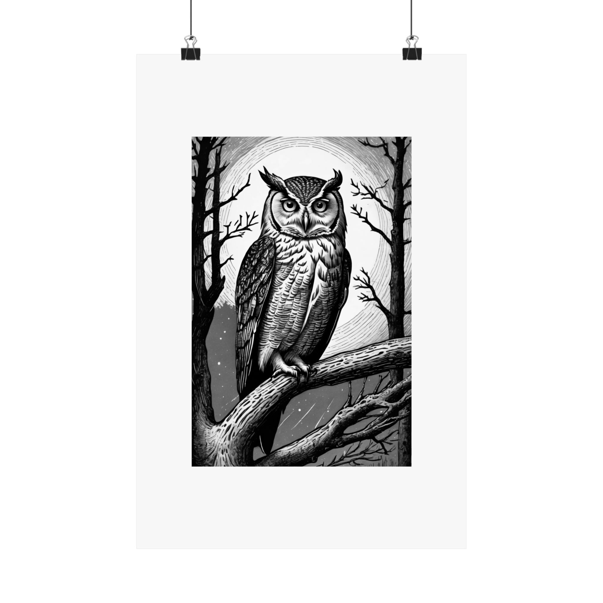 Owl Moon Matte Poster — Black & White Wildlife Wall Art