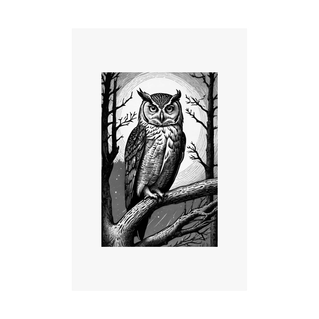 Owl Moon Matte Poster — Black & White Wildlife Wall Art