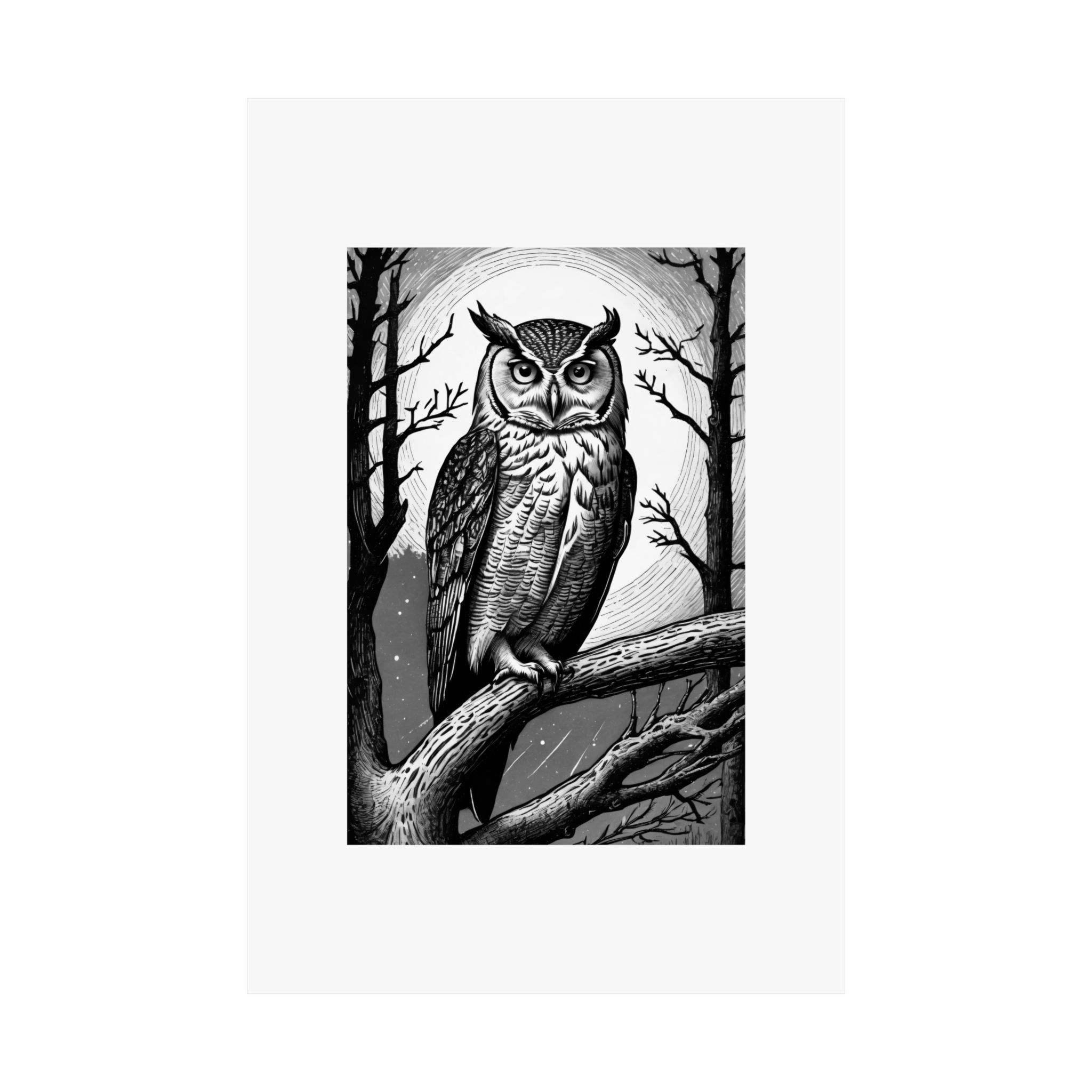 Owl Moon Matte Poster — Black & White Wildlife Wall Art