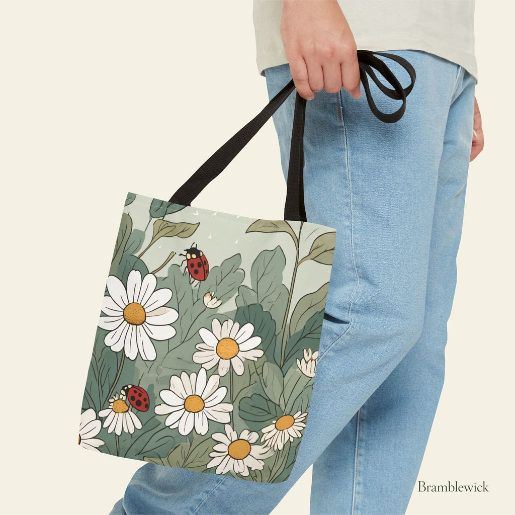 Daisy & Ladybug Tote Bag – Floral Spring Garden All-Over Print