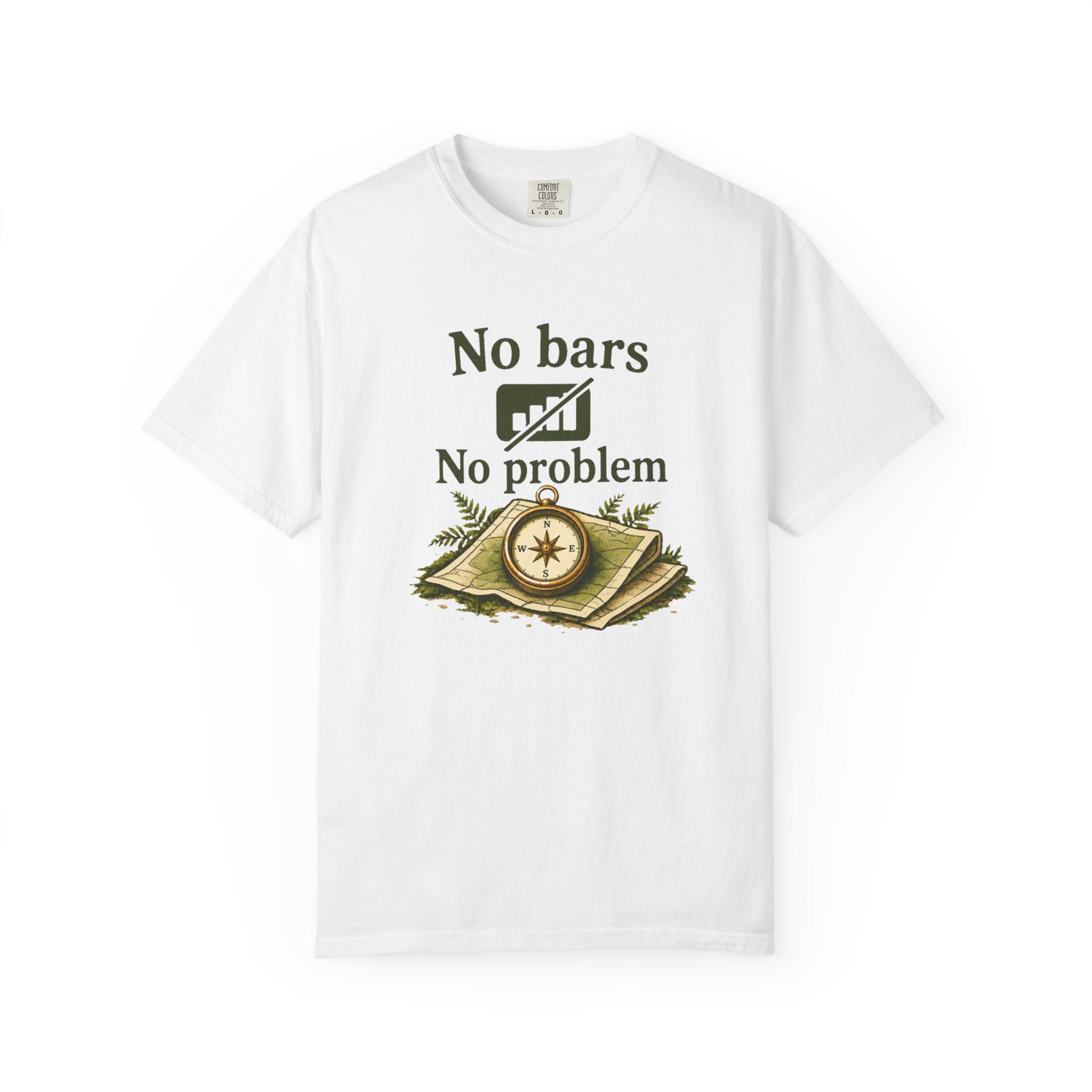 T-Shirt — "No bars No problem" Compass & Map Adventure Tee