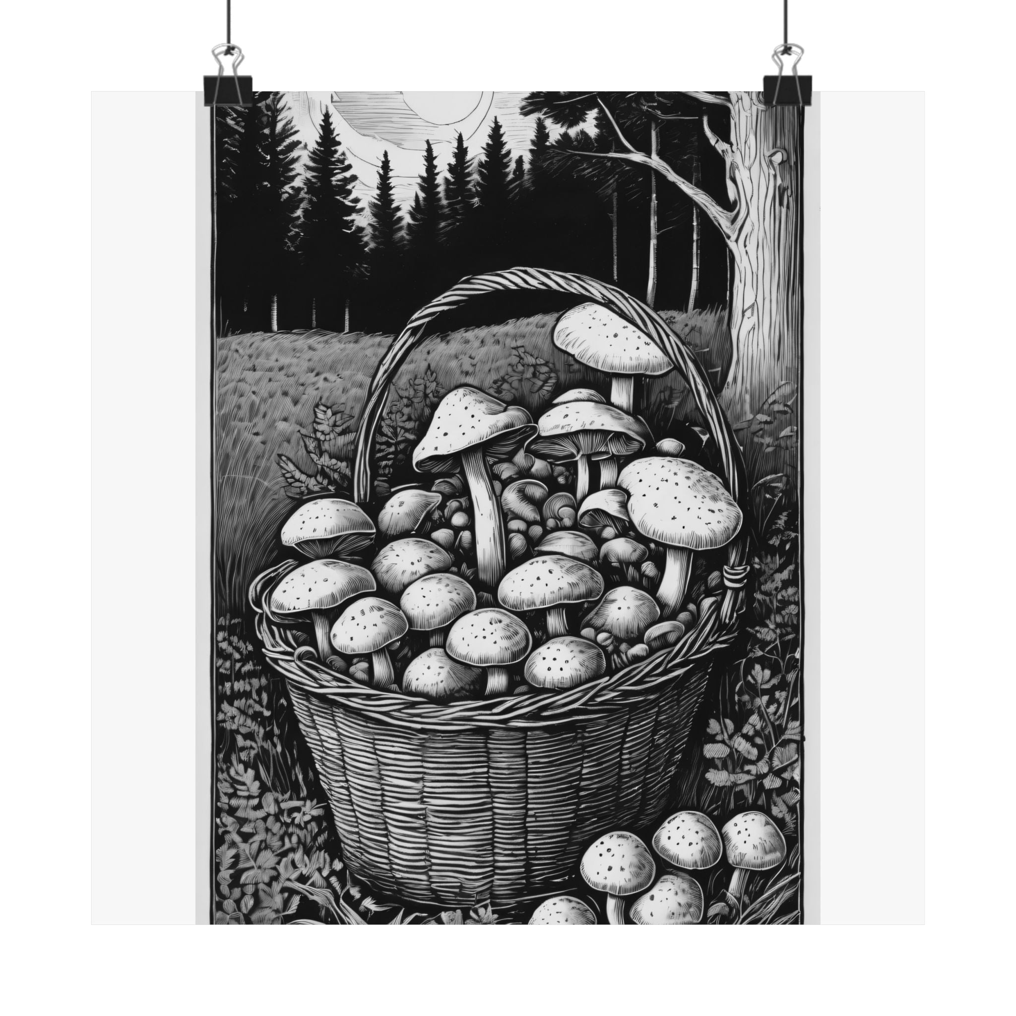 Mushroom Basket Matte Poster — Black & White Forest Illustration