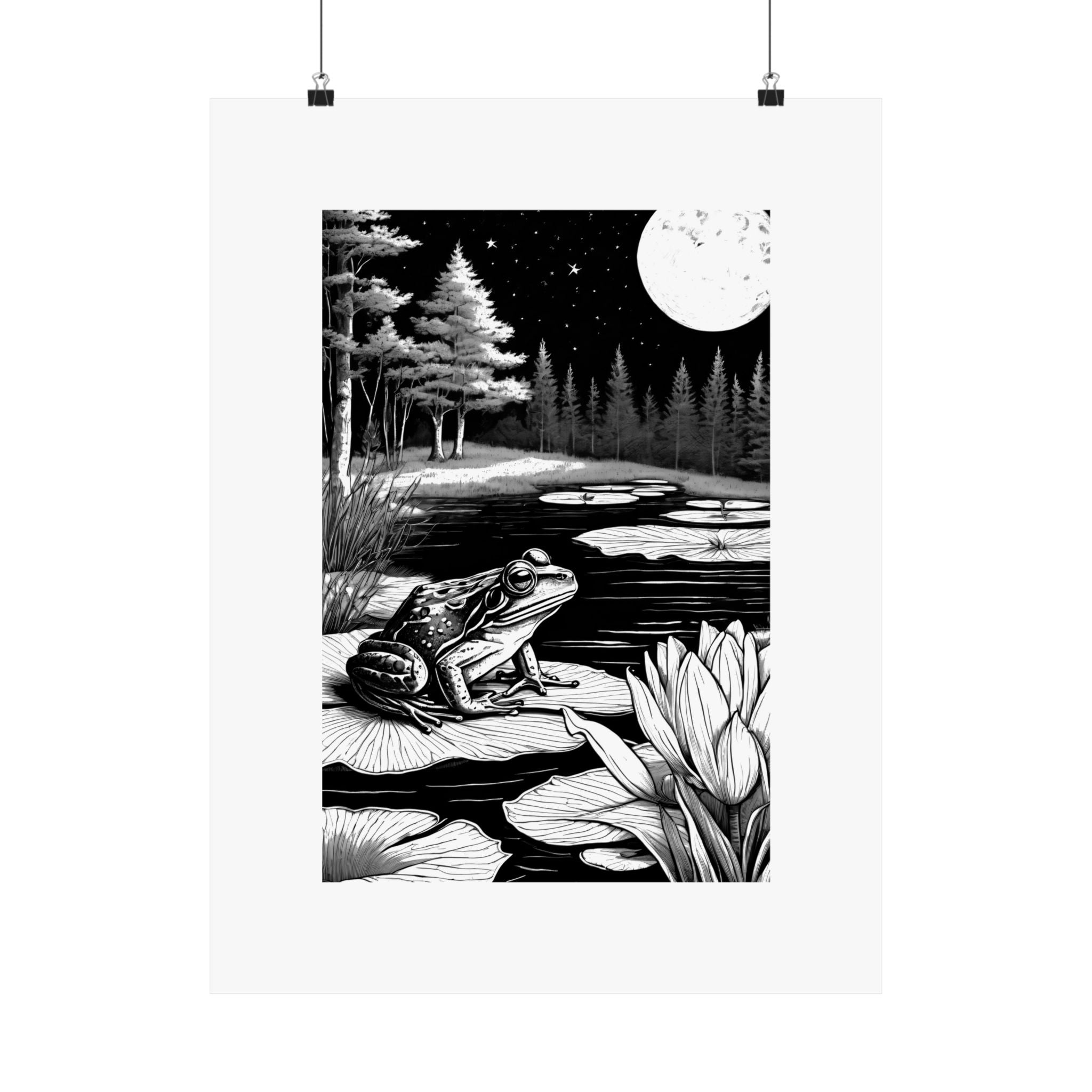 Matte Vertical Poster — Moonlit Frog Pond Black & White Illustration