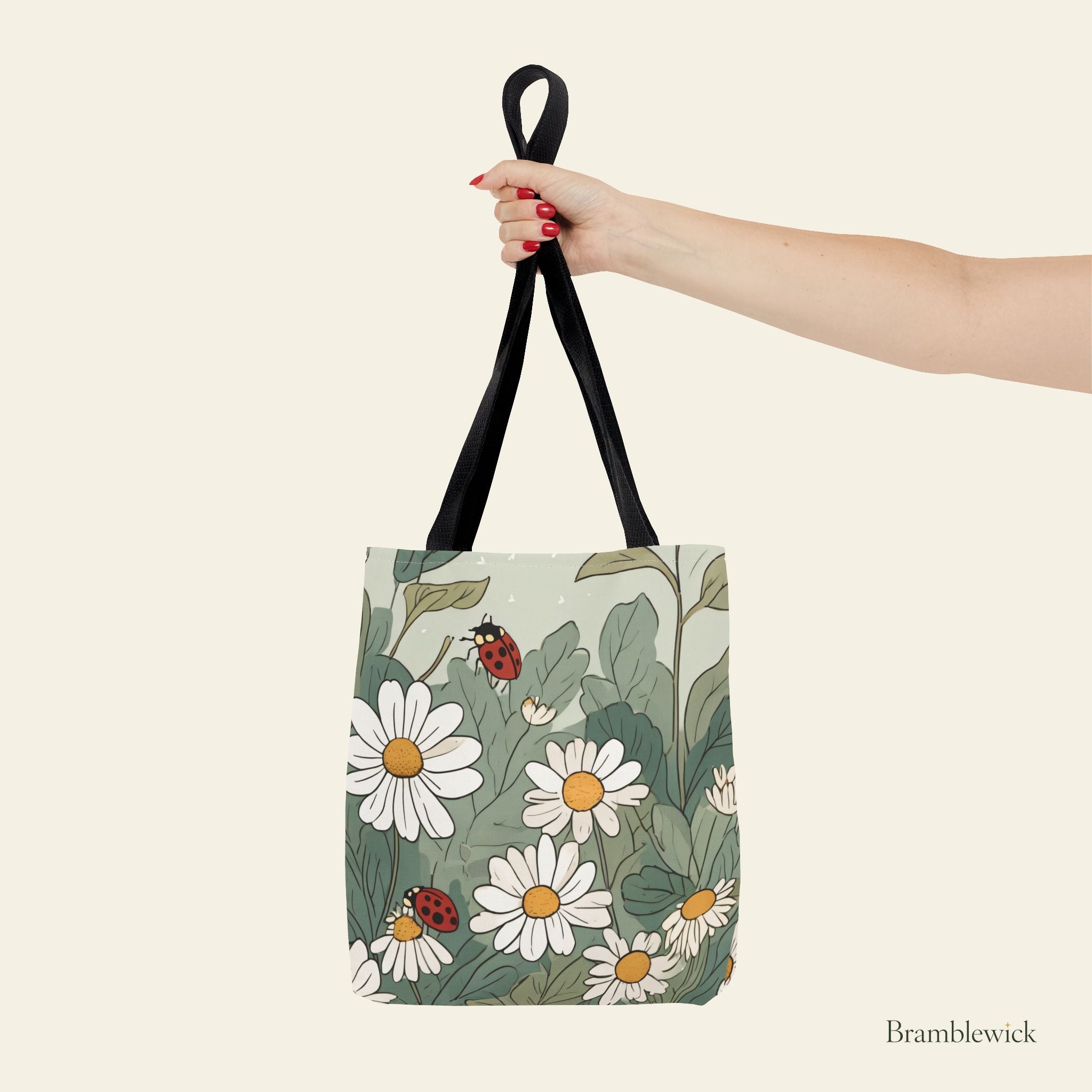 Daisy & Ladybug Tote Bag – Floral Spring Garden All-Over Print
